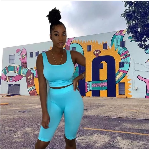 Blue biker short set - Picture 1 of 2